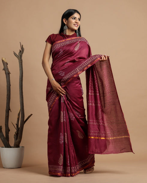 Wine Khadi Gold Print Chanderi Silk Saree (CHSAR05)